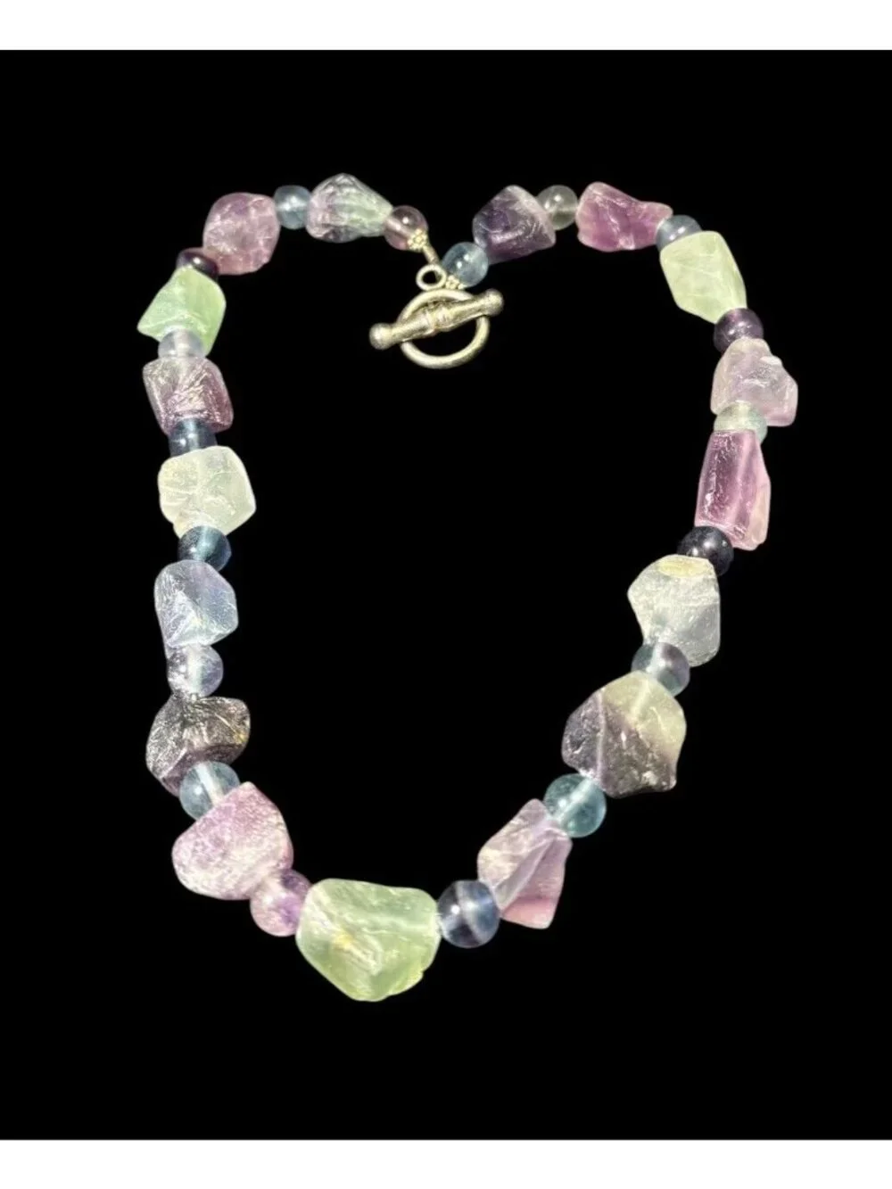 Vintage Sterling Silver Raw Fluorite Necklace Crystal Beaded Toggle 17”
